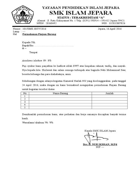 Contoh Surat Izin Pinjam Barang