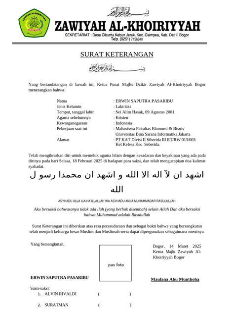 Contoh Surat Keterangan Masuk Islam