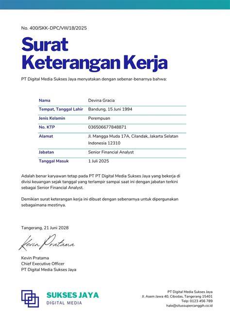 Contoh Surat Keterangan Training Kerja