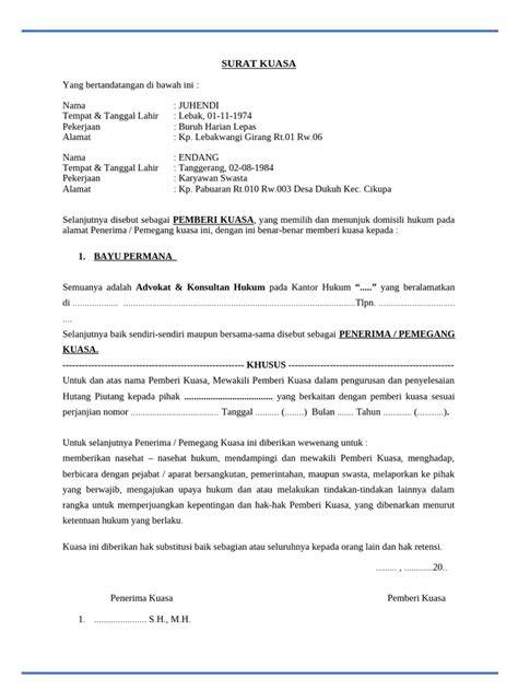 Contoh Surat Kuasa Advokat