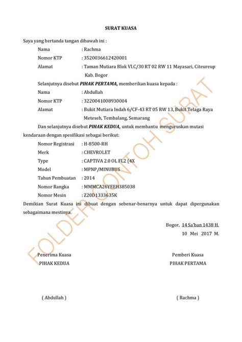 Contoh Surat Kuasa Mutasi Mobil