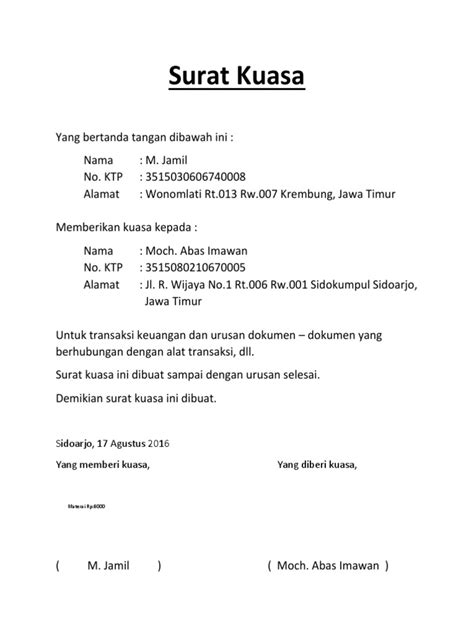 Contoh Surat Kuasa Urus ATM