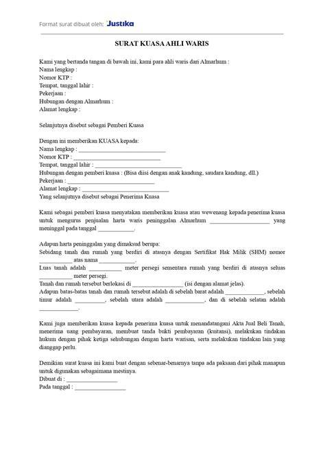 Contoh Surat Kuasa Waris