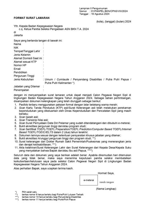 Contoh Surat Lamaran CPNS SSCN 2024