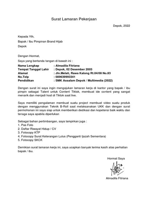 Contoh Surat Lamaran Content Creator