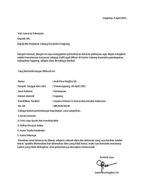 Contoh Surat Lamaran Hasamitra