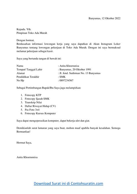 Contoh Surat Lamaran Kerja di Swalayan