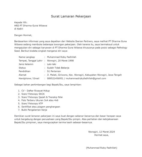 Contoh Surat Lamaran Online