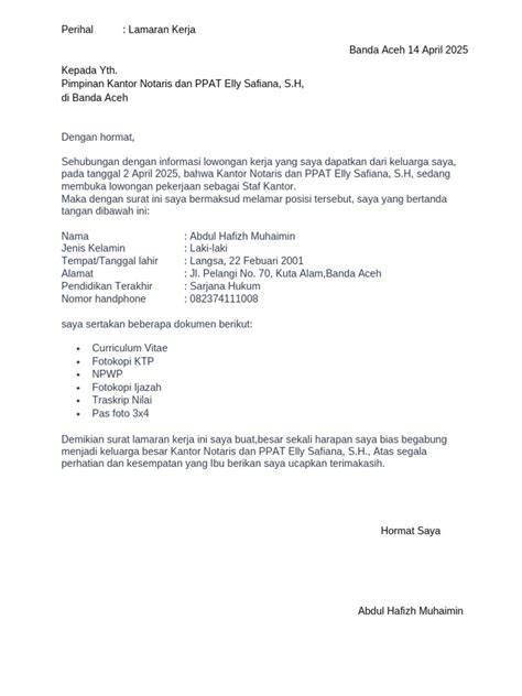 Contoh Surat Lamaran Staff Notaris