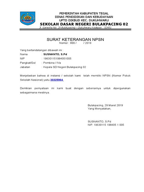 Contoh Surat NPSN