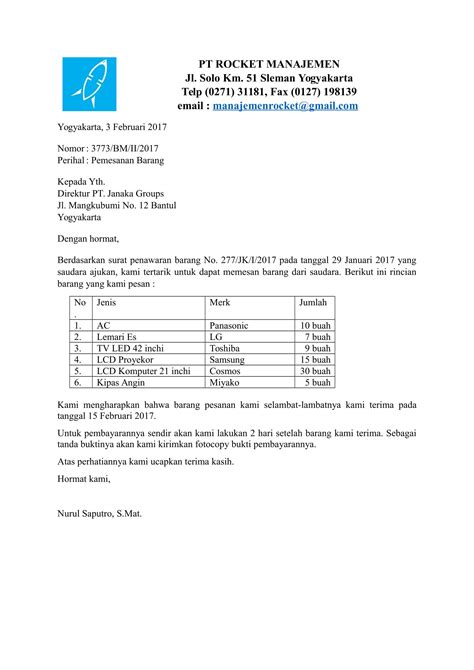 Contoh Surat Niaga Pemesanan