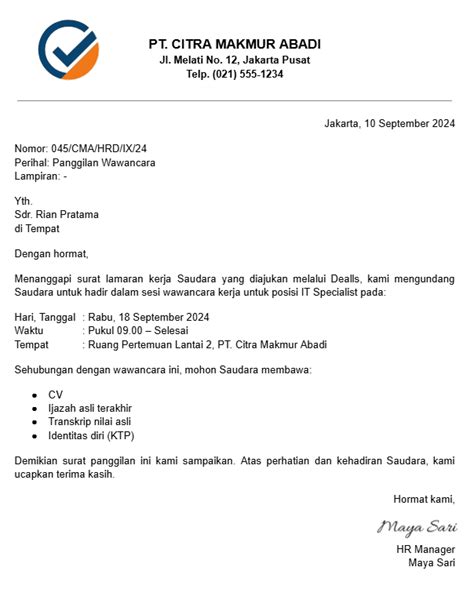 Contoh Surat Panggilan Interview Semi Block Style