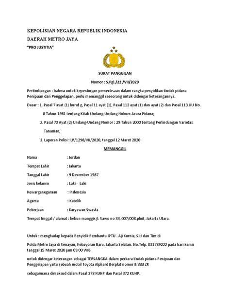 Contoh Surat Panggilan Polisi