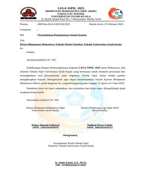 Contoh Surat Peminjaman Sound System