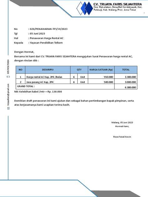 Contoh Surat Penawaran AC