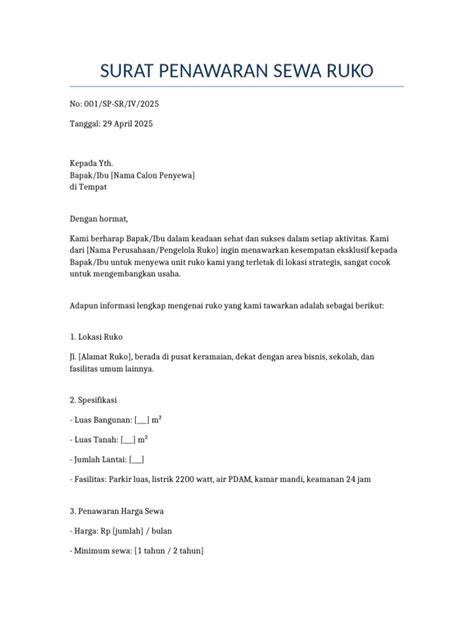 Contoh Surat Penawaran Sewa Ruko Format