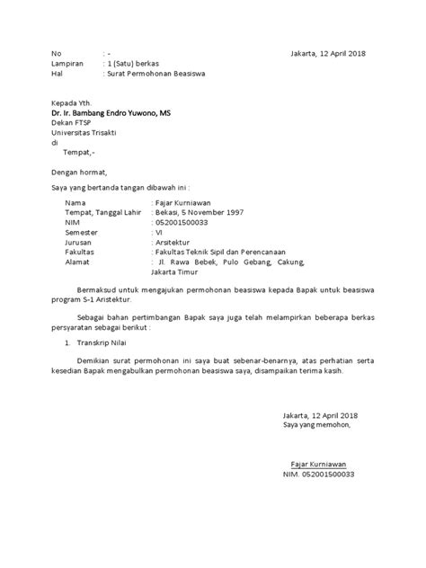 Contoh Surat Pengantar Beasiswa