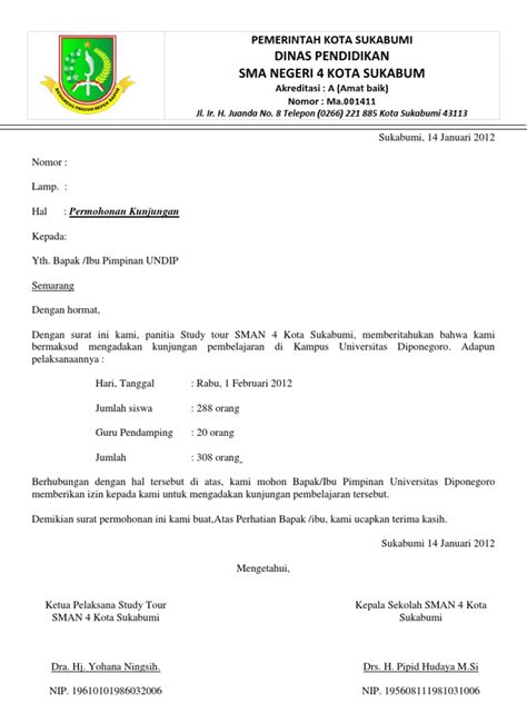 Contoh Surat Pengantar Kunjungan Study Tour