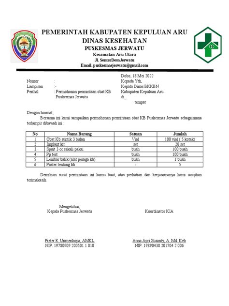 Contoh Surat Permintaan Obat KB