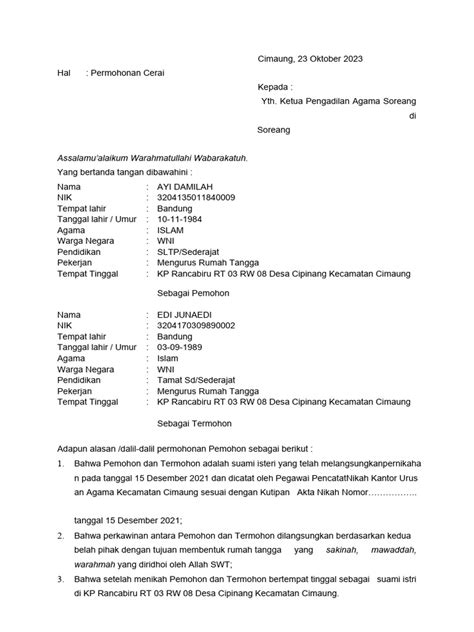 Contoh Surat Permohonan Cerai