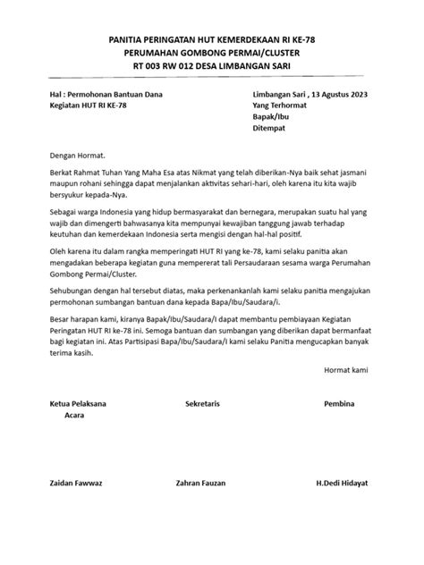 Contoh Surat Permohonan HUT RI