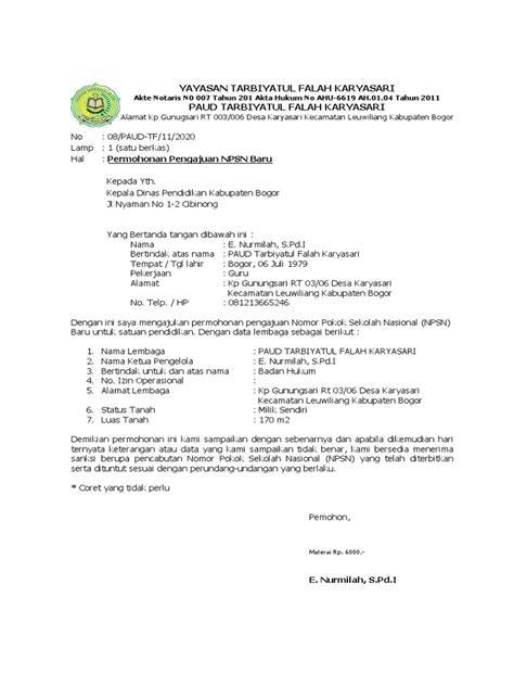 Contoh Surat Permohonan NPSN