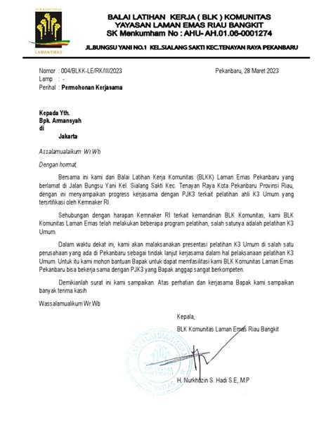Contoh Surat Permohonan PJK3