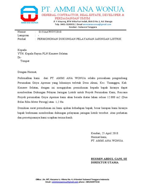 Contoh Surat Permohonan PLN