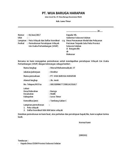 Contoh Surat Permohonan WIUP - Application Letter for Mining Permit