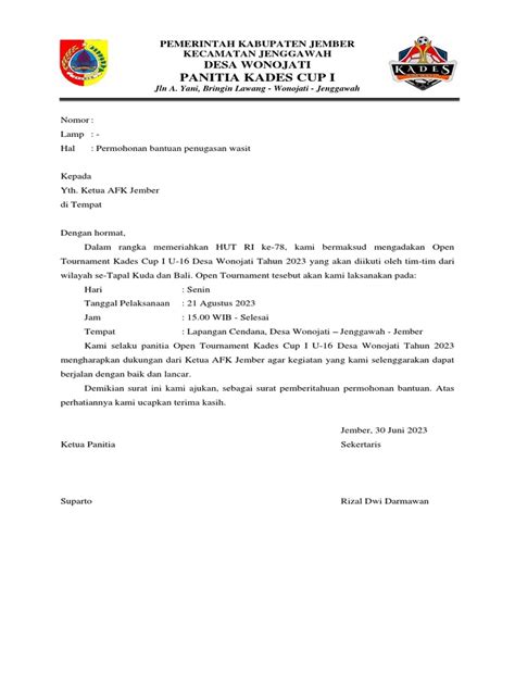 Contoh Surat Permohonan Wasit Voli