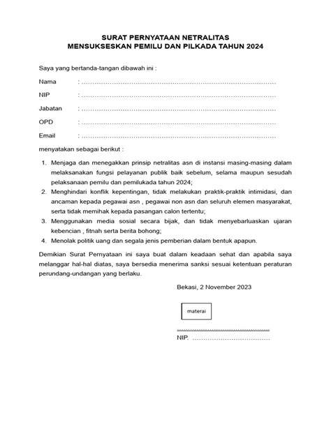 Contoh Surat Pernyataan Netralitas