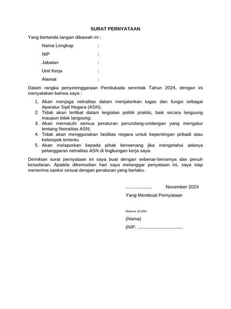 Contoh Surat Pernyataan Netralitas ASN
