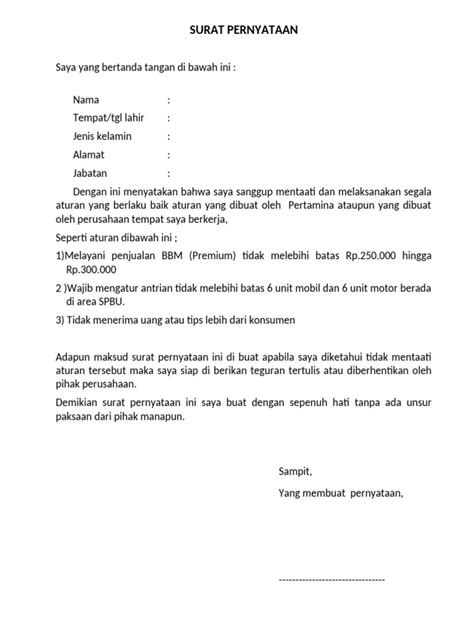 Contoh Surat Pernyataan Operator Sekolah