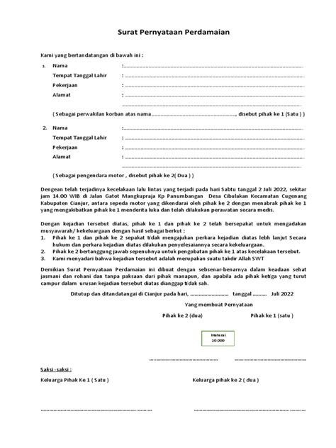 Contoh Surat Pernyataan Perdamaian