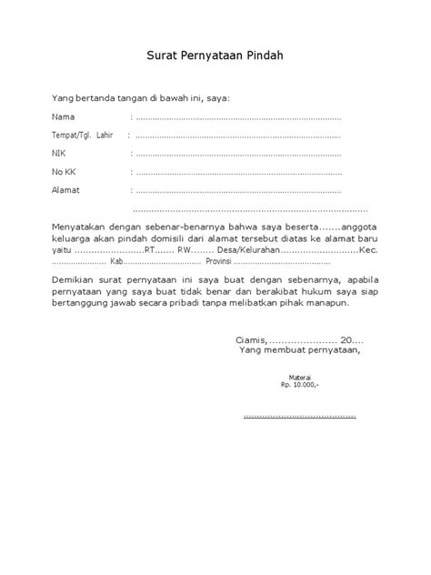 Contoh Surat Pernyataan Pindah