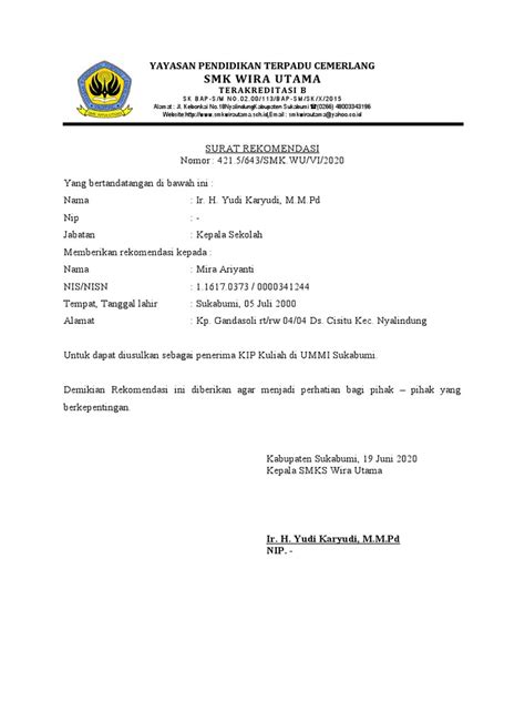 Contoh Surat Rekomendasi KIP