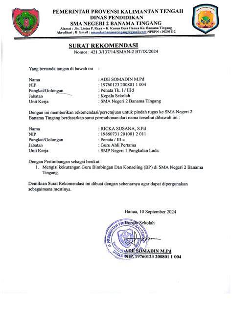 Contoh Surat Rekomendasi SMA
