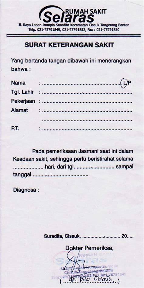 Contoh Surat Sakit dari Dokter
