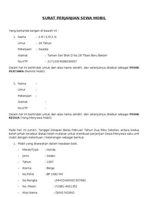 Contoh Surat Sewa Mobil Bulanan