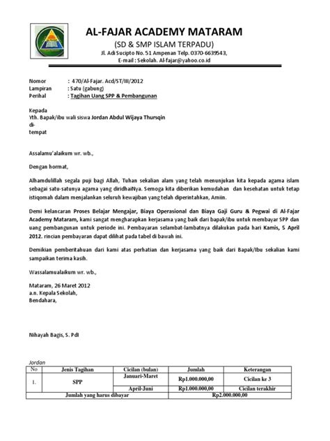 Contoh Surat Tagihan Sekolah