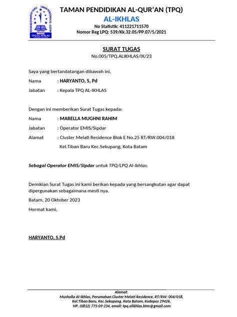Contoh Surat Tugas Guru TPQ