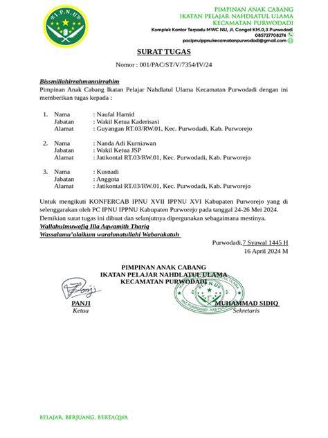 Contoh Surat Tugas IPNU IPPNU