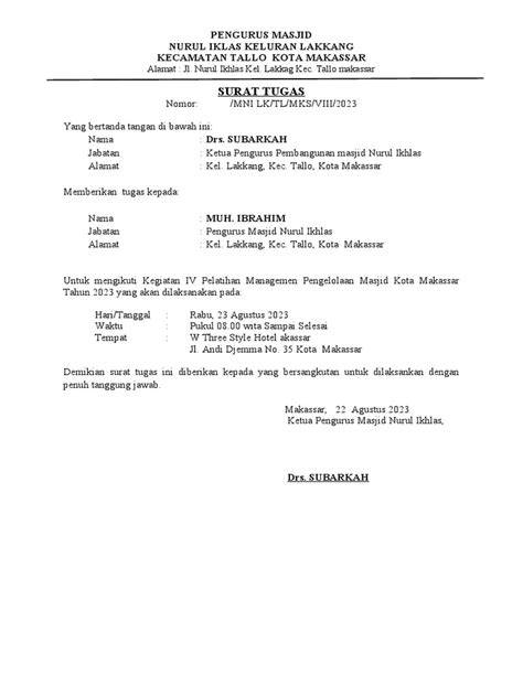 Contoh Surat Tugas Masjid