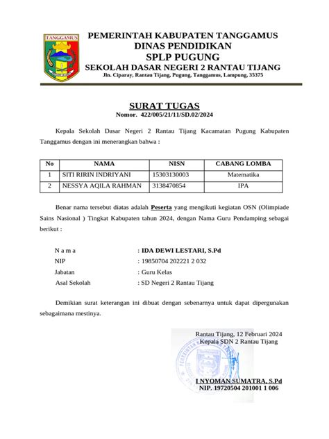 Contoh Surat Tugas Pembina OSN