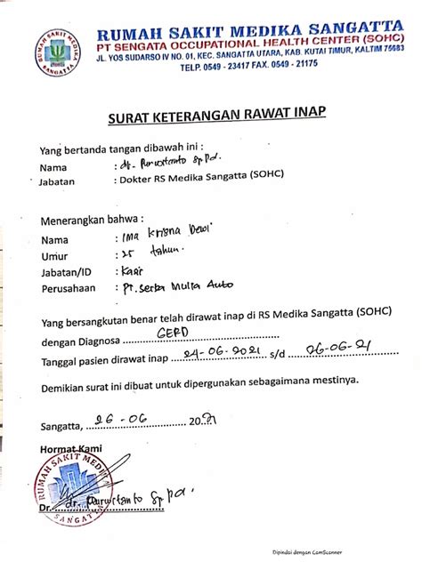 Contoh format surat keterangan rawat inap