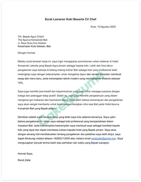 Contoh surat lamaran kerja chef