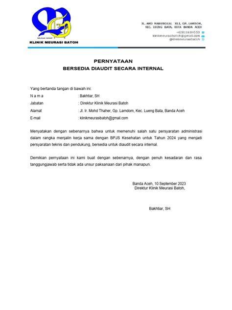 Contoh surat pernyataan audit internal