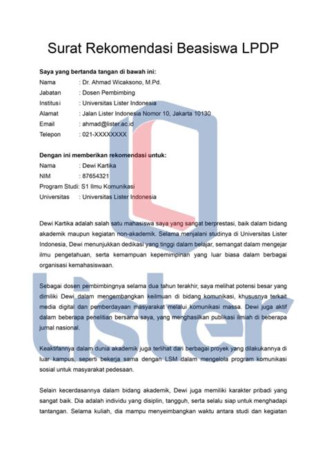 Contoh surat rekomendasi LPDP