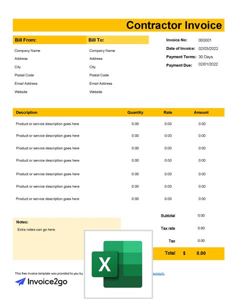 Contractor Invoice Template Excel