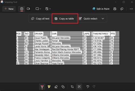 Copy as table feature in Snipping Tool